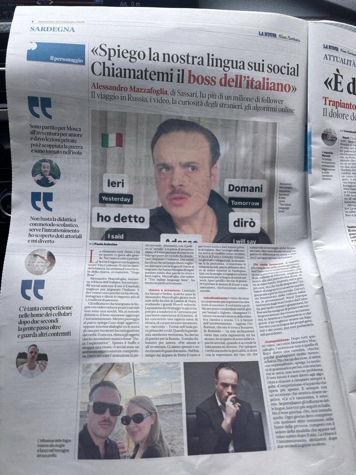 La Nuova Sardegna — “I teach our language on social media. Call me the Boss of Italian.”